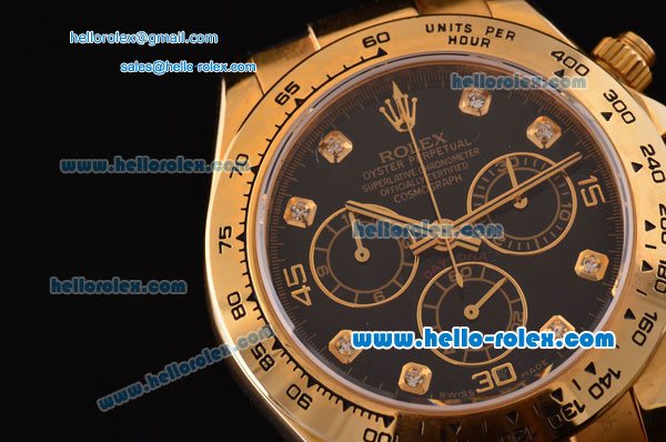 Rolex Daytona Swiss Valjoux 7750-DD Automatic Gold Case with Black Dial and Diamond Markers - Click Image to Close